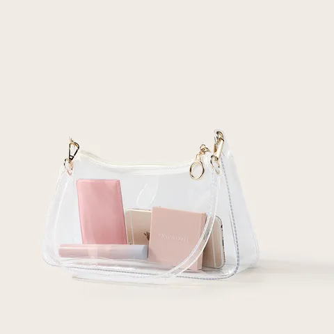 Dames Transparante PVC Jelly Okseltas Trendy Eenvoudige Heldere Schoudertas Met Gouden Hardware Witte Trim Mode Handtas