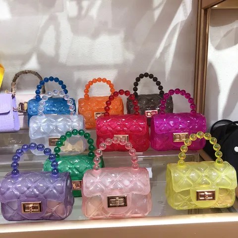 Korean Style Mini Transparent Quilted Jelly Bag For Women PVC Beaded Handle Chain Crossbody Shoulder Bag Candy Color Small Lock Purse
