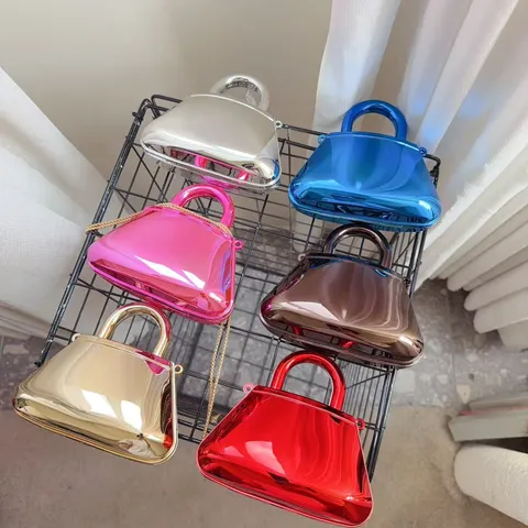 Elegant Acrylic Evening Bag Mirror Finish Box Clutch Handbag Metal Chain Strap Shoulder Bag For Women Wedding Party Banquet