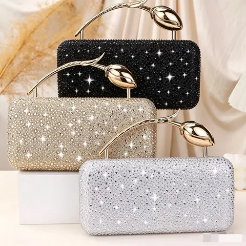 Women Acrylic Box Clutch Evening Bag Rhinestone Rose Flower Handle Crossbody Handbag For Wedding Banquet Party Jewelry Bag
