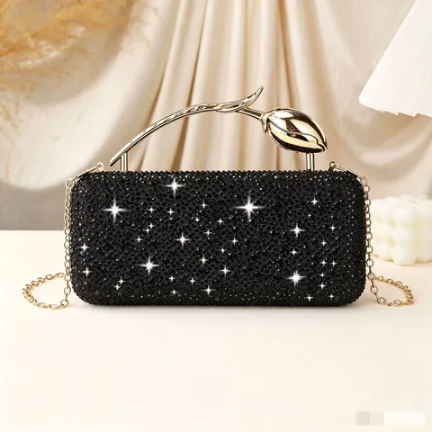 Women Acrylic Box Clutch Evening Bag Rhinestone Rose Flower Handle Crossbody Handbag For Wedding Banquet Party Jewelry Bag