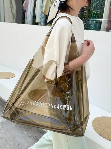 Borsa Tote in PVC Jelly di Grande Capacità Trasparente con Stampa di Lettere Borsa a Tracolla Donna Casual Shopping Bag