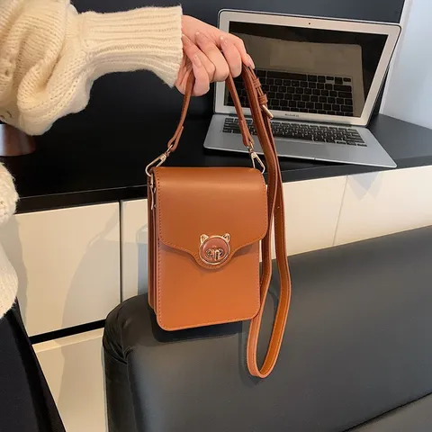 Women Mini PU Leather Crossbody Phone Bag With Cute Cat Head Metal Lock Adjustable Strap Fashion Korean Small Square Bag