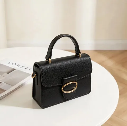 Women Minimalist Pebble Grain PU Leather Handbag Gold Oval Buckle Metal Chain Crossbody Shoulder Bag Korean Satchel