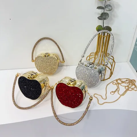 Rhinestone Mini Box Clutch Evening Bag For Women Acrylic Crystal Heart Shape Party Banquet Handbag With Metal Chain Strap