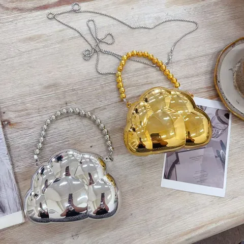 Mini Sac de Soirée Vintage Luxe en Acrylique Forme Nuage Pour Femmes Lustre Métallique Miroir Poignée Perles Chaîne Épaule Bandoulière Fête