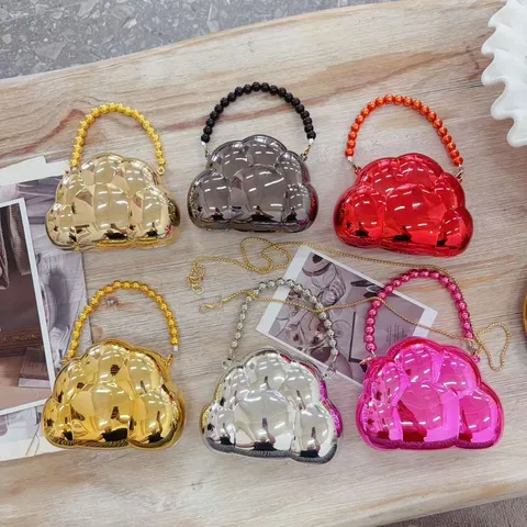 Mini Sac de Soirée Vintage Luxe en Acrylique Forme Nuage Pour Femmes Lustre Métallique Miroir Poignée Perles Chaîne Épaule Bandoulière Fête