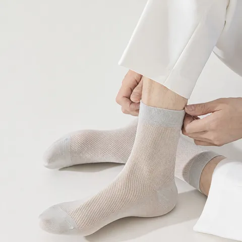 Men Mulberry Silk Business Mid Tube Socks Summer Thin Breathable Deodorant Mesh Long Socks