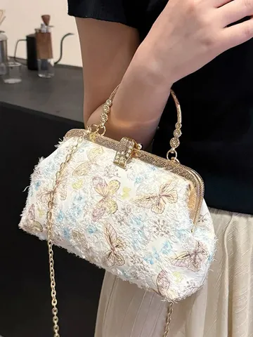 Schmetterling Bestickt Abendclutch Strass Metall Kussverschluss Muscheltasche Kette Schulterhandtasche Für Damen Party Hochzeit