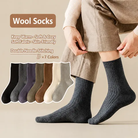 Men Wool Crew Socks Winter Warm Thermal Business Dress Socks Solid Color Ribbed Soft Comfortable Casual Socks