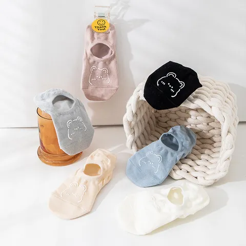 Women Cotton Blend Boat Socks Cute Cartoon Bear Low Cut Invisible Anti Slip Summer Breathable Casual Sock