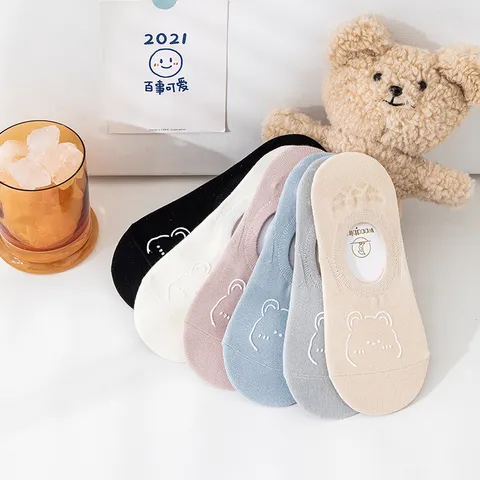 Women Cotton Blend Boat Socks Cute Cartoon Bear Low Cut Invisible Anti Slip Summer Breathable Casual Sock