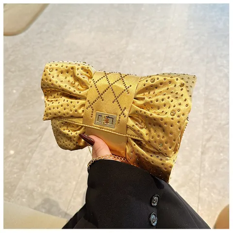 Sac de Soirée Nœud en Velours Strass Pochette Plissée Luxe Avec Chaîne en Métal pour Femme Mariage Fête Banquet
