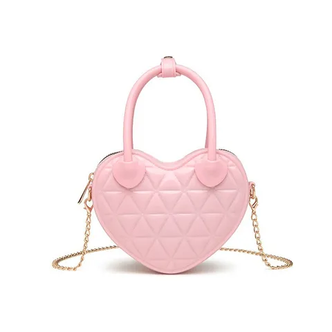 Heart Shaped Quilted PVC Jelly Bag Metal Chain Strap Women Sweet Fashion Style Crossbody Top Handle Handbag