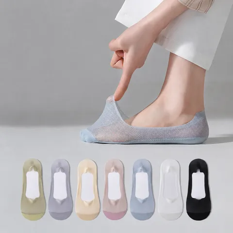 Women's Low Cut Invisible Boat Socks Ice Silk Mesh Breathable Anti Slip Cotton Bottom Shallow Mouth No Show Socks