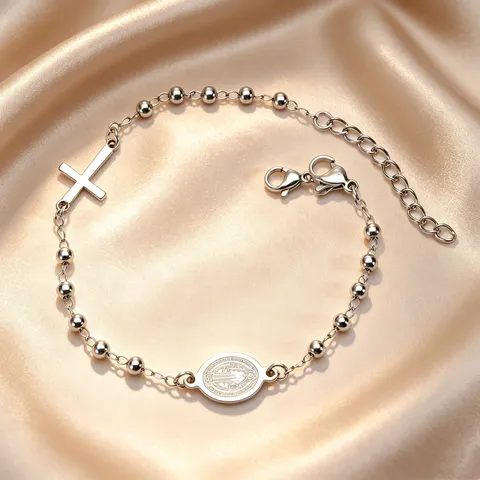 Bracciale Vintage in Perline a Croce con Ritratto Religioso in Acciaio Inossidabile per Donna Medaglia Sacerdote Vergine Maria Gioielli