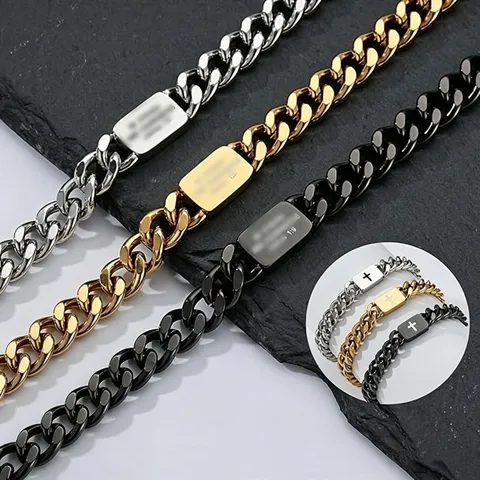 Men's Stainless Steel Cuban Link Bracelet Bible Verse Engraved Cross Rectangle Plate Religious Prayer Fashion Jewelry For Men
