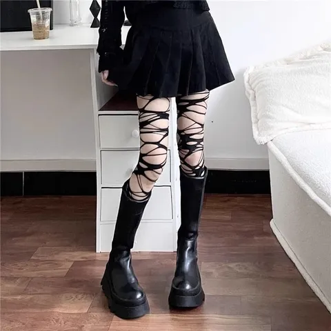 Gothic Punk Irregular Torn Footless Tights For Women Dark Aesthetic Distressed Stockings Polyester Velvet Stirrup Leggings Halloween Wear