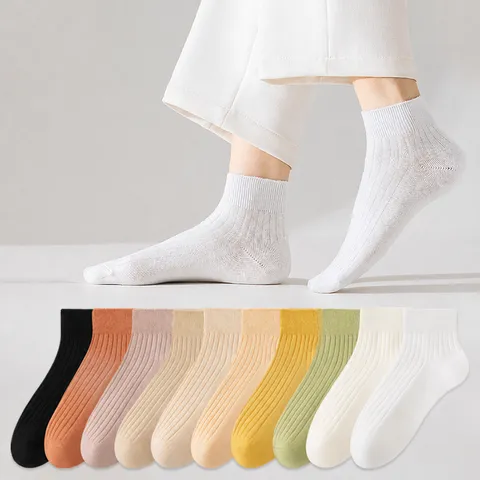 Women's Casual Solid Color Short Tube Cotton Socks Breathable Anti-Odor Double-Needle Ankle Socks