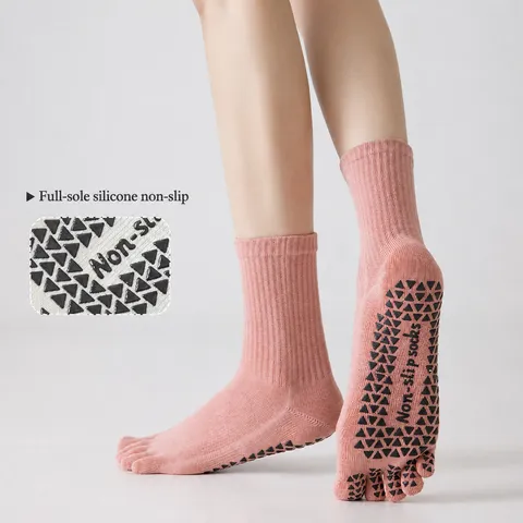 Women's Pure Cotton Five Finger Yoga Socks Mid Calf Non Slip Pilates Exercise Fitness Athletic Toes Socks