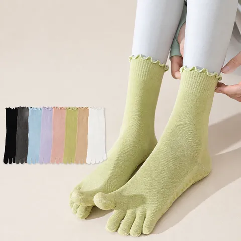 Womens Non-Slip Yoga Socks Five Toe Pilates Socks Combed Cotton Mid-Tube Athletic Sports Socks