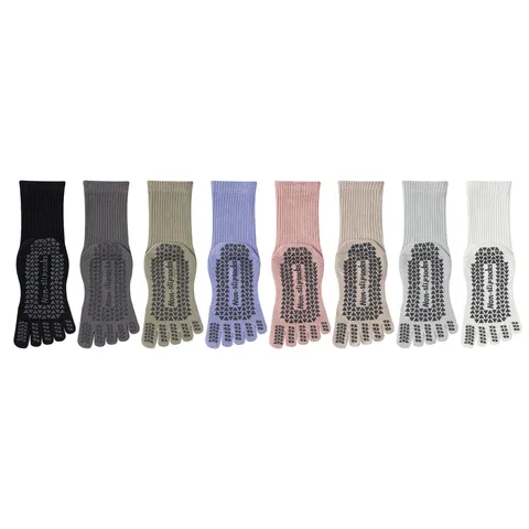 Women's Pure Cotton Five Finger Yoga Socks Mid Calf Non Slip Pilates Exercise Fitness Athletic Toes Socks