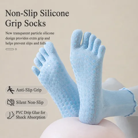 Womens Non-Slip Yoga Socks Five Toe Pilates Socks Combed Cotton Mid-Tube Athletic Sports Socks
