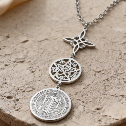Edelstahl Hexenknoten Pentagramm Sankt-Benedikt-Medaille Dreifach Anhänger Halskette Für Damen Religiös Gotisch Schmuck Choker