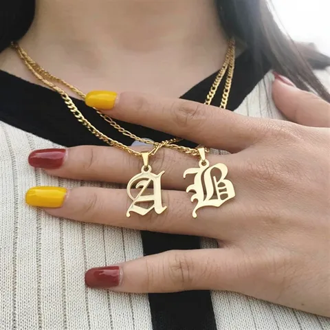 Vintage Gothic Old English Initial Letter Pendant Necklace Stainless Steel Gold Silver Plated Alphabet Fashion Necklaces