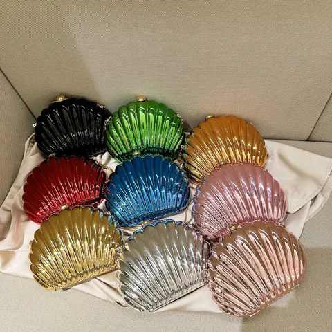 Fashion Shell Shaped Acrylic Evening Bag Metallic Glossy Clutch Chain Strap For Women Wedding Party Prom Shoulder Bag
