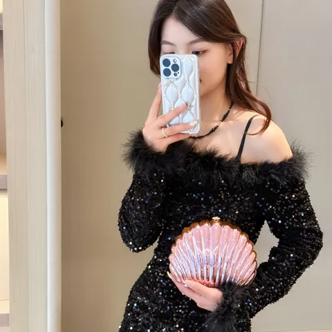 Fashion Shell Shaped Acrylic Evening Bag Metallic Glossy Clutch Chain Strap For Women Wedding Party Prom Shoulder Bag