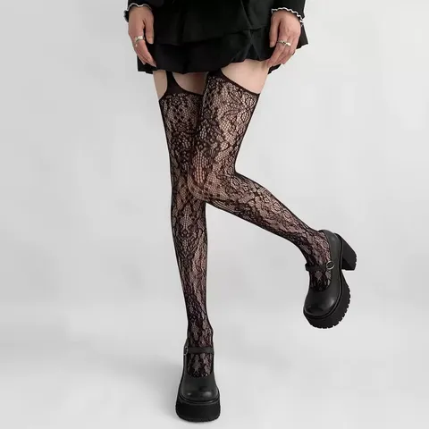 Women Retro Jacquard Garter Pantyhose Sexy Hollow Out Ripped Tights Y2K Dopamine Erotic Fashion Stockings