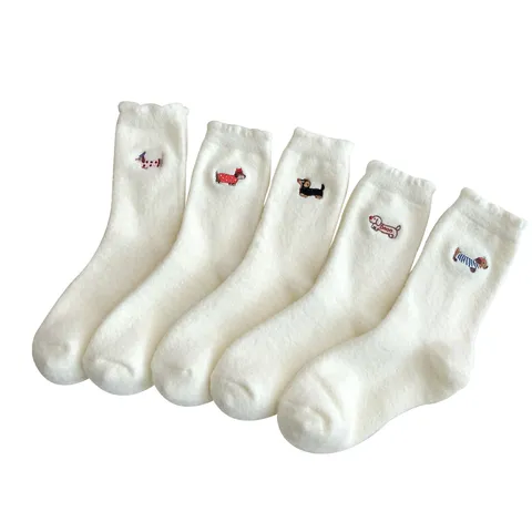 Women's Cute Dog Embroidery Plush Thickened Mid-Tube Socks Warm Winter Sleep Casual Home Hosiery