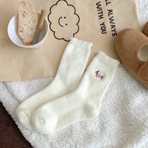 Women's Cute Dog Embroidery Plush Thickened Mid-Tube Socks Warm Winter Sleep Casual Home Hosiery