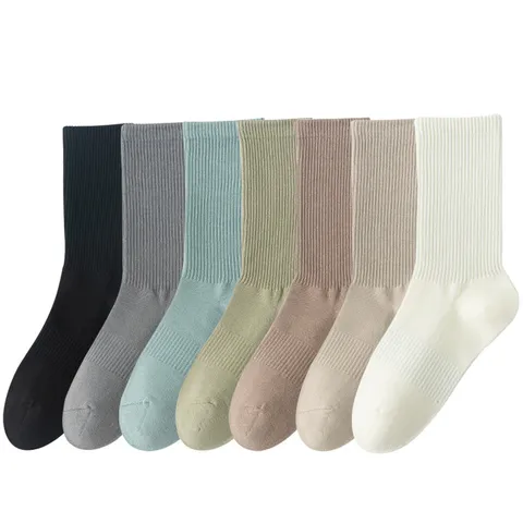 Chaussettes Mi-Mollet pour Femmes Printemps Été Décontracté Couleur Unie Coton Respirant Antidérapant Côtelé Quotidien