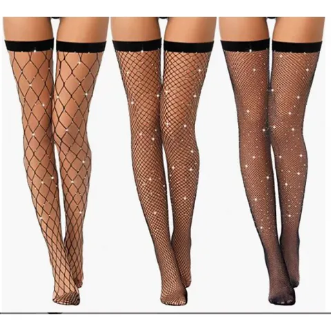Women's Sexy Lace Mesh Over Knee Stockings Anti-Slip Thigh High Stockings With Rhinestone Spring Thin Hosiery