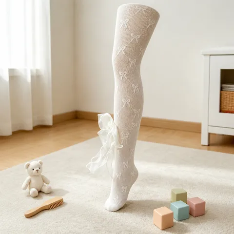 Collants Mignons en Dentelle Nœud pour Filles Style Princesse Couleur Unie Respirant Souple Élastique Enfant Quotidien