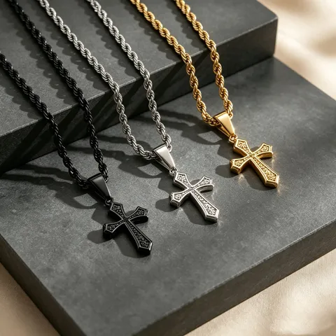 Men's Stainless Steel Cross Pendant Necklace Rhombus Texture Fashion Hip Hop Street Style Necklace Jewelry Gift For Men