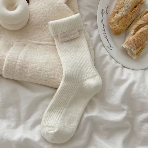 Women's Winter Thickened Warm Wool Blend Crew Socks Casual Solid Color Turn-Cuff Thermal Socks