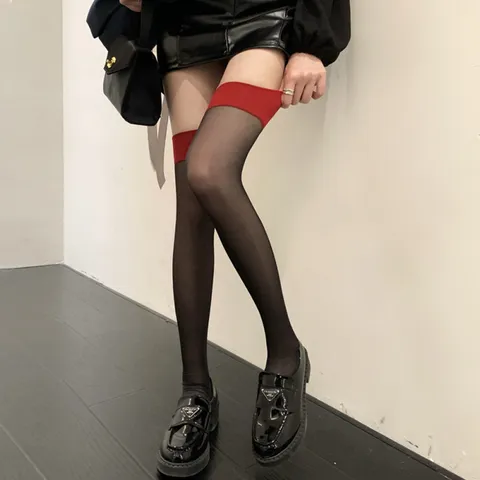 Women Sexy Red Trimmed Over The Knee Stockings Color Blocked Thin Black Silk Thigh High Long Socks Fashion Hosiery