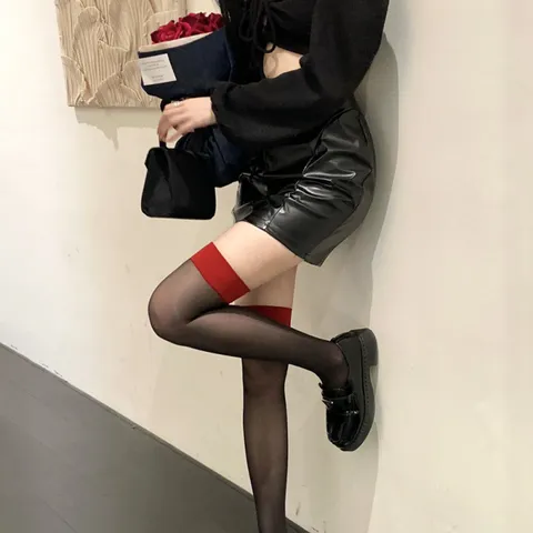 Women Sexy Red Trimmed Over The Knee Stockings Color Blocked Thin Black Silk Thigh High Long Socks Fashion Hosiery