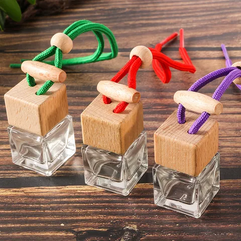 Square Car Perfume Bottle Pendant Essential Oil Diffuser Glass Wood Cap Adjustable Rope Auto Interior Decor