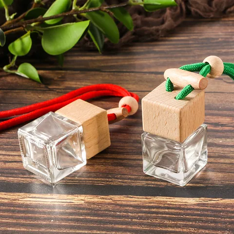 Square Car Perfume Bottle Pendant Essential Oil Diffuser Glass Wood Cap Adjustable Rope Auto Interior Decor