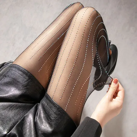 Women Sexy Sheer Pantyhose High Elastic Vertical Striped Rhinestone Tights Spring Summer Fashion Slim Hosiery