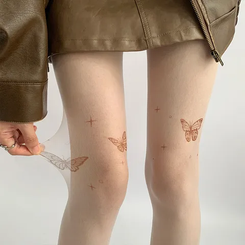 Women Tattoo Print Pantyhose Sheer Skin Tone Tights Wine Red Butterfly Star Pattern Lolita Cute Stockings