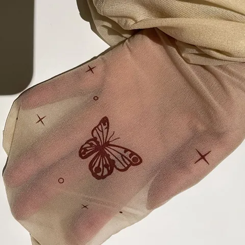 Women Tattoo Print Pantyhose Sheer Skin Tone Tights Wine Red Butterfly Star Pattern Lolita Cute Stockings