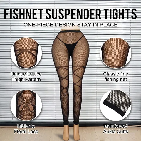 Women Sexy Plus Size Fishnet Tights Cross Straps Jacquard Pantyhose Hot Girl Style Sheer Black Tights Hosiery