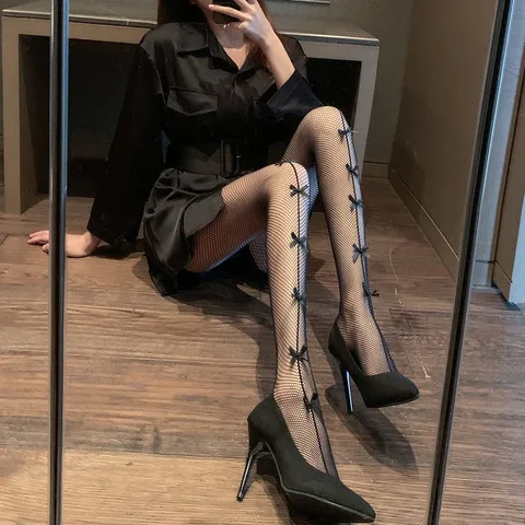 Women Sexy Bow Fishnet Tights Black White Hollow Out Fishnet Stockings Sweet JK Gothic Club Party Tights