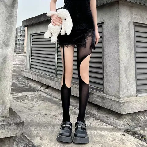Women Sexy Hollow Out Fishnet Stockings Gothic Y2K Ripped Suspender Hosiery Tights For Party Clubwear Leggings