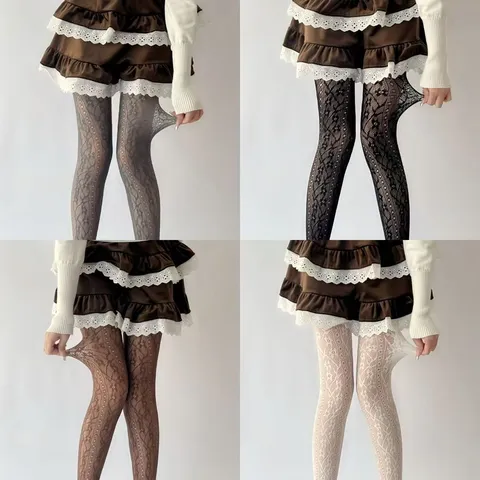 Women French Vintage Floral Vertical Stripe Jacquard Tights High Elastic Breathable Sheer Pantyhose Stockings